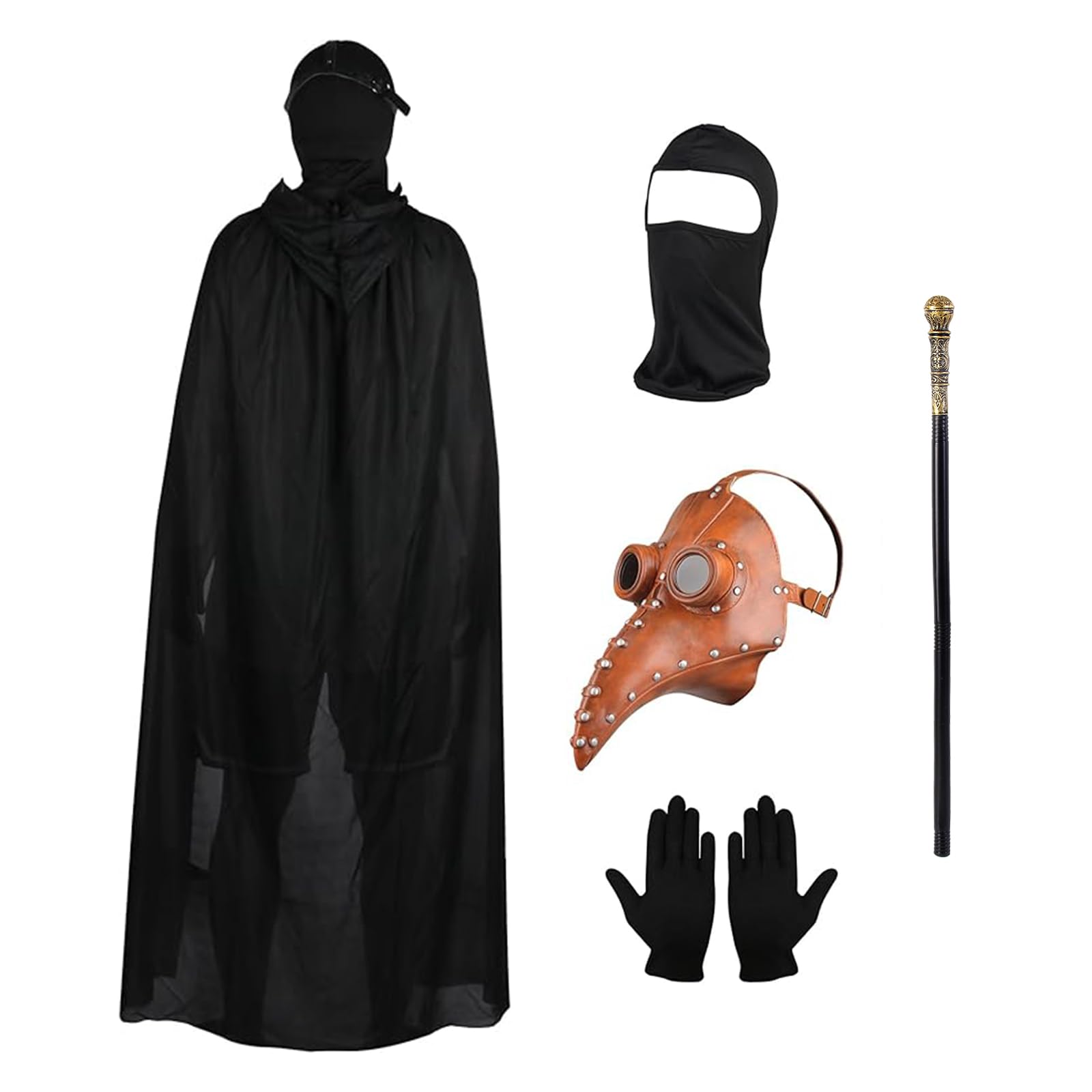 Lifreer Plague Doctor Mask Long Nose Bird Beak Mask with Black Gloves, Hooded Cloak, Full Face Masks, Cane Halloween Cosplay Party Props Costume