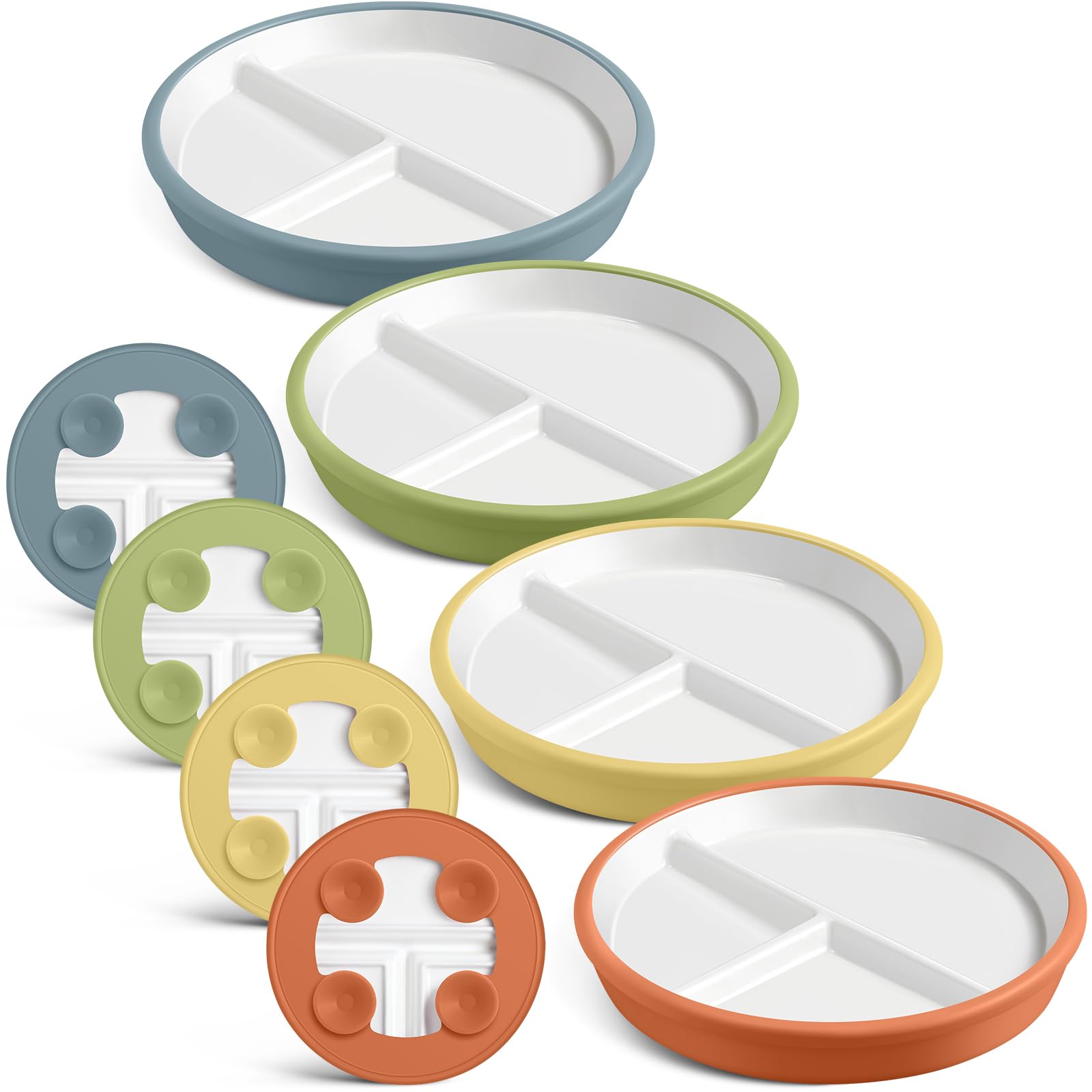 Photo 1 of **ONLY 2 PLATES WITH 4 SLEEVES**Domensi 4 Pcs 8" Large Porcelain Kids Plates with Anti-slip Silicone Sleeve Ceramic Divided Plate with Suction for Toddler Eating Microwave Dishwasher Friendly (Light Yellow,Light Green,Orange,Blue)