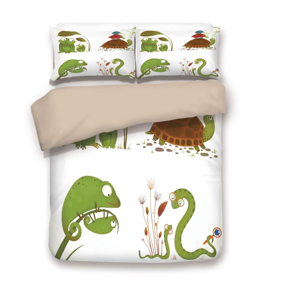 Khaki 3pc Bedding Set,Reptile Family with Colorful Baby Collection Snake Frog Ninja Turtles Love Mother Full Duvet Cover Set,Printed Comforter Cover with 2 Pillowcases for Teens Boys Girls & Adults