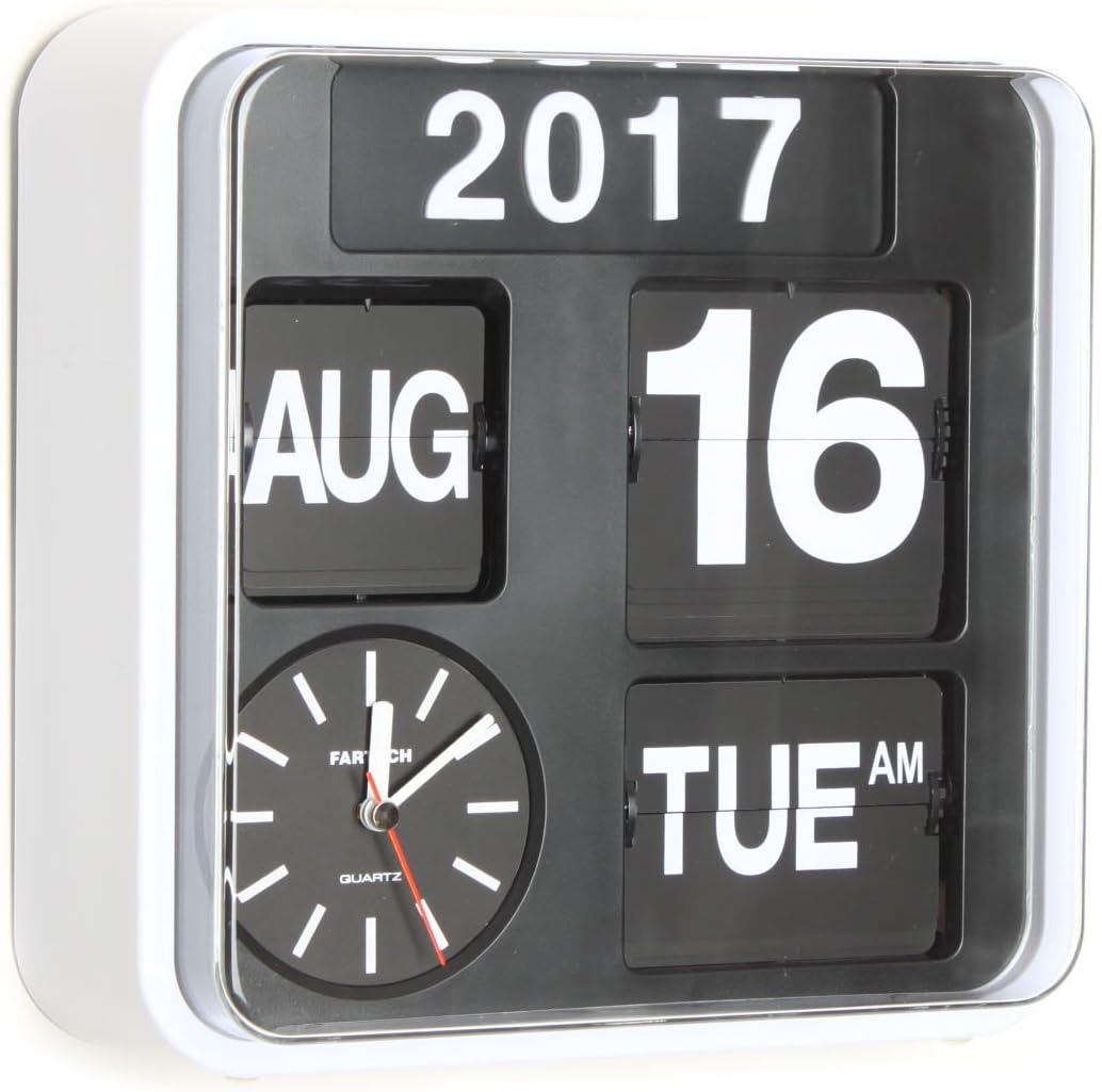 Fartech Retro Modern 9 5 Calendar Auto Flip Desk Wall Clock white Fartech Retro Modern 9 5 Calendar Auto Flip Desk Wall Clock white