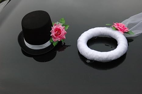 Autoschmuck Schleier und Hut Braut Paar Rose Dekoration Hochzeit Car Auto Wedding Pkw (Rosa) 27 x 31 x 15
