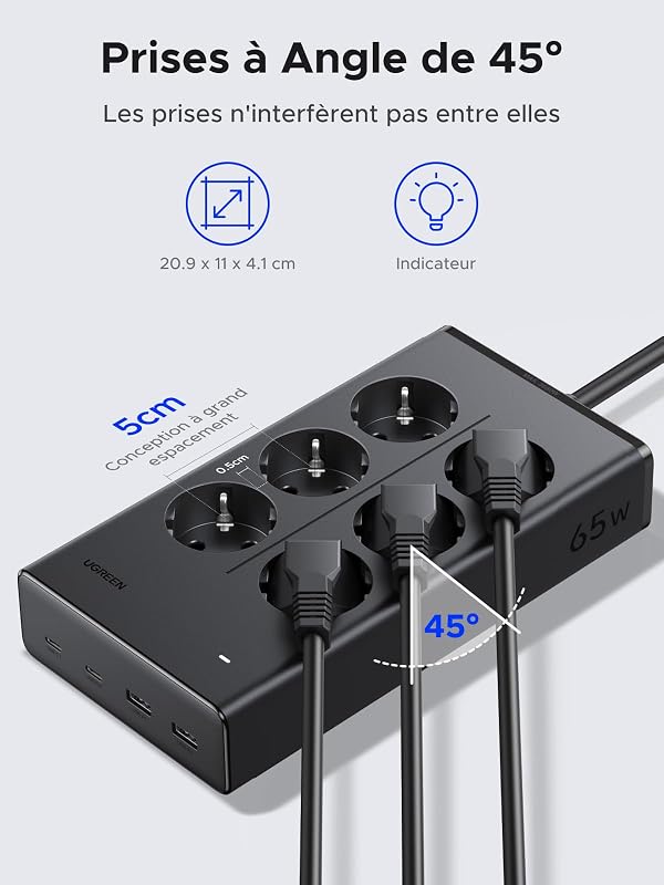 10 EN 1 Multiprise PD 65W USB C 6 Prises avec Interrupteur 3680W 16A — photo 4 sur 8