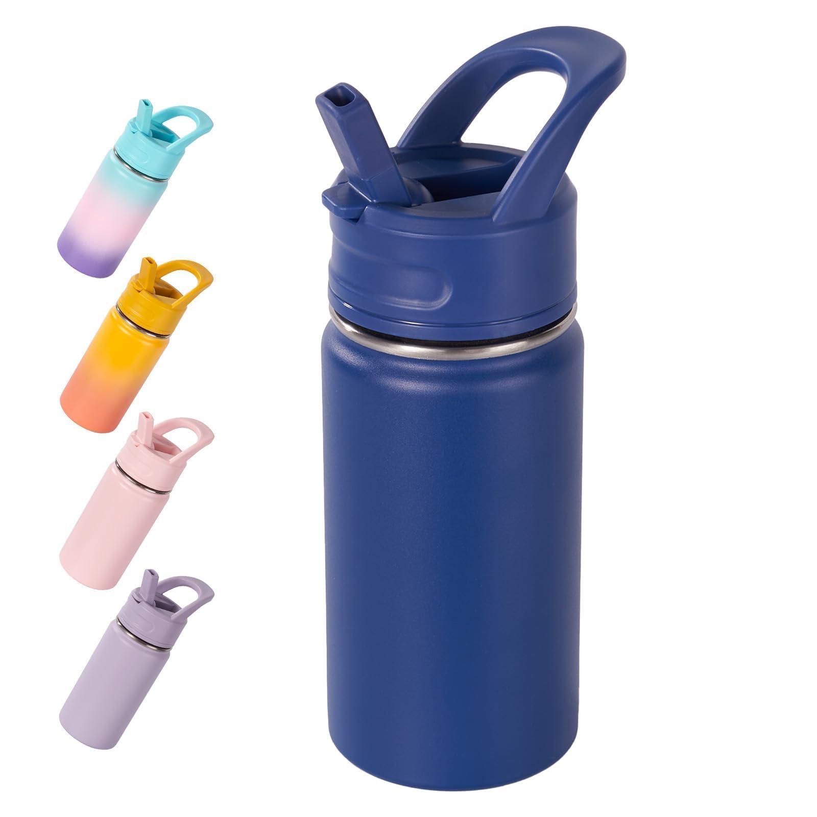 Photo 1 of 12oz Kids Water Bottle for School, Toddler Water Bottles with Straws, Insulated Water Bottles for Boys&Girls, Stainless Steel Vacuum Insulated Bottle for Kids, Leak-Proof, BPA-Free, Blue