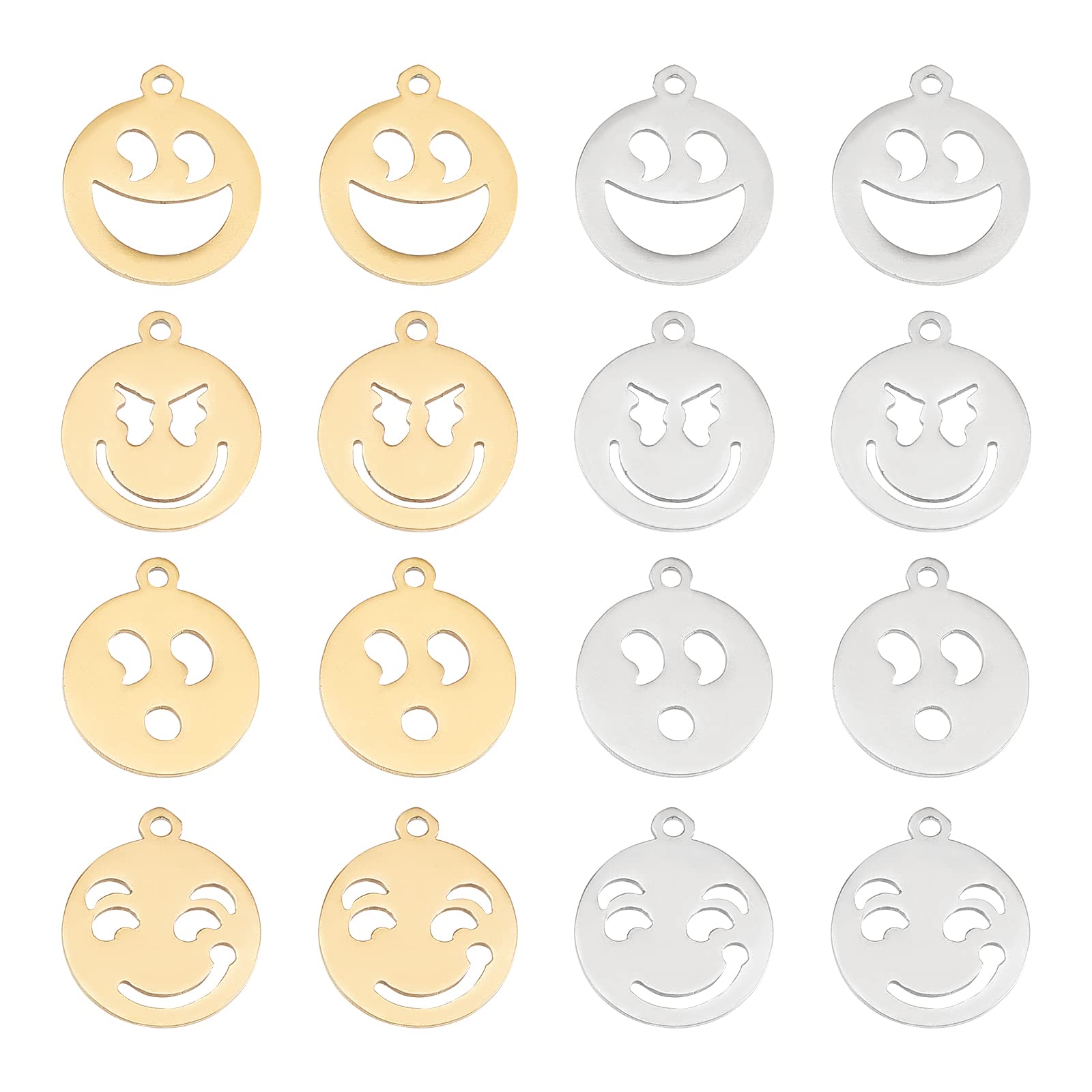 DICOSMETIC 16 Pcs 8 Styles Stainless Steel Face Pendants Golden Flat Round Charms 1.5mm Hollow Smile Pendant Findings Accessory for Necklace Bracelet Jewelry Making Crafting