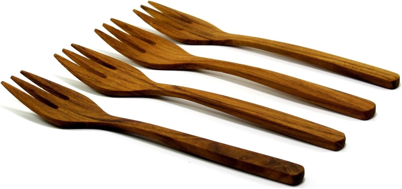 13 Cm. Set of 4 Teak Wood Forks Fruit Dessert Bread Cake Jelly Utensil Kitchen