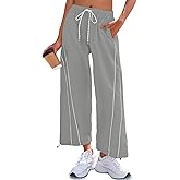 Fisoew Womens Baggy Wide Leg Pants Casual Elastic Waist Drawstring Hiking Workout Cropped Track Pants with Pockets