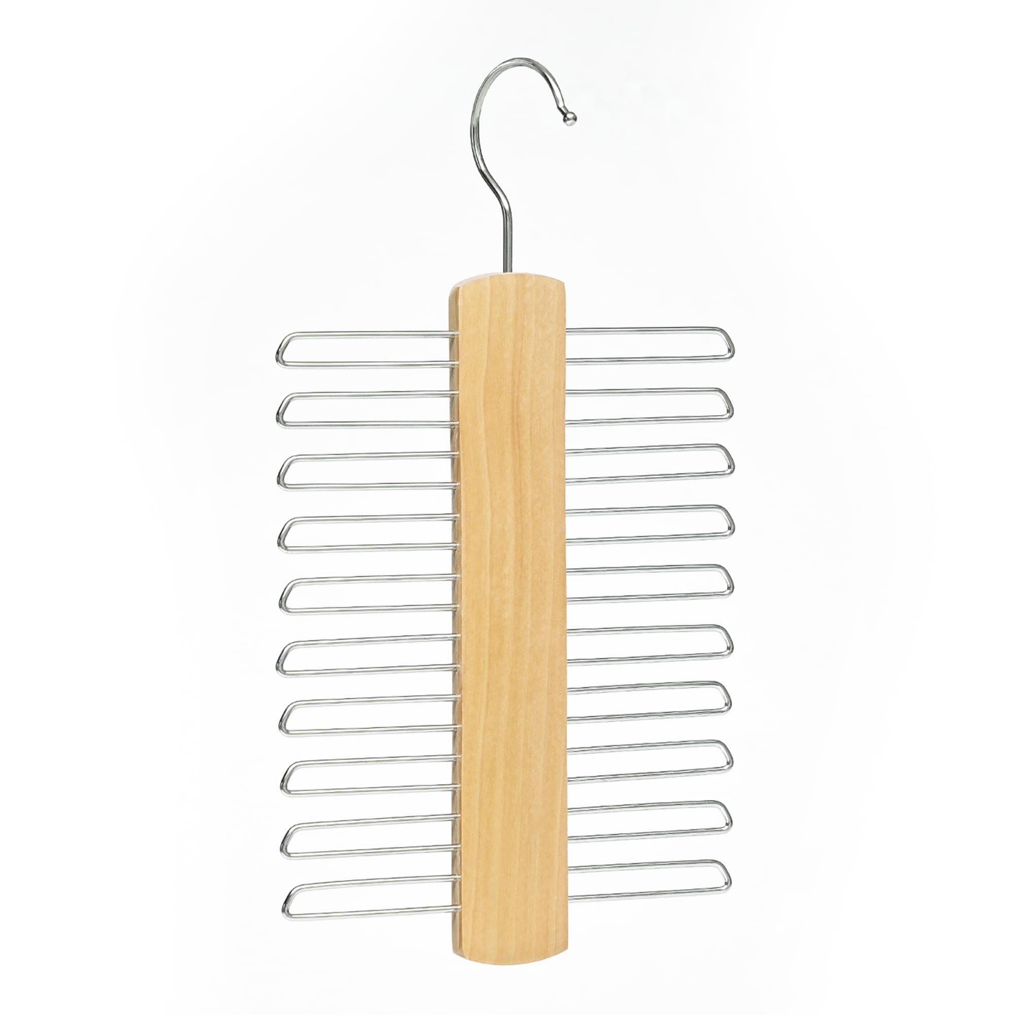Tie Hanger Wooden Hangers Wardrobe Tie Organiser - Stylish Hanging Storage Rack With 20 Chrome Bars With Swivel Hook for Tie, Belt, Scarf Beech Wood Tie Rack Hanger (Wood)