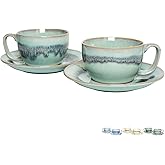 Bosmarlin Ceramic Cappuccino Cup and Saucer Set of 2, 10 Oz, Dishwasher and Microwave Safe, Coffee Cups for Latte, Espresso, Tea, Reavtive Glaze (Turquoise Green Light, 10 Oz)