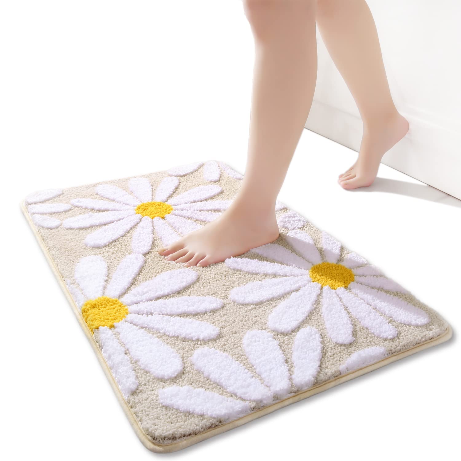 QJHOMO Beige Bath Mat White Flower Rug 50 x 80 cm, Non Slip Bath Mats for Bathroom, Soft Microfiber Bathroom Mat, Machine Washable Rug Durable Bathmat, Super Absorbent Floor Mat for Shower