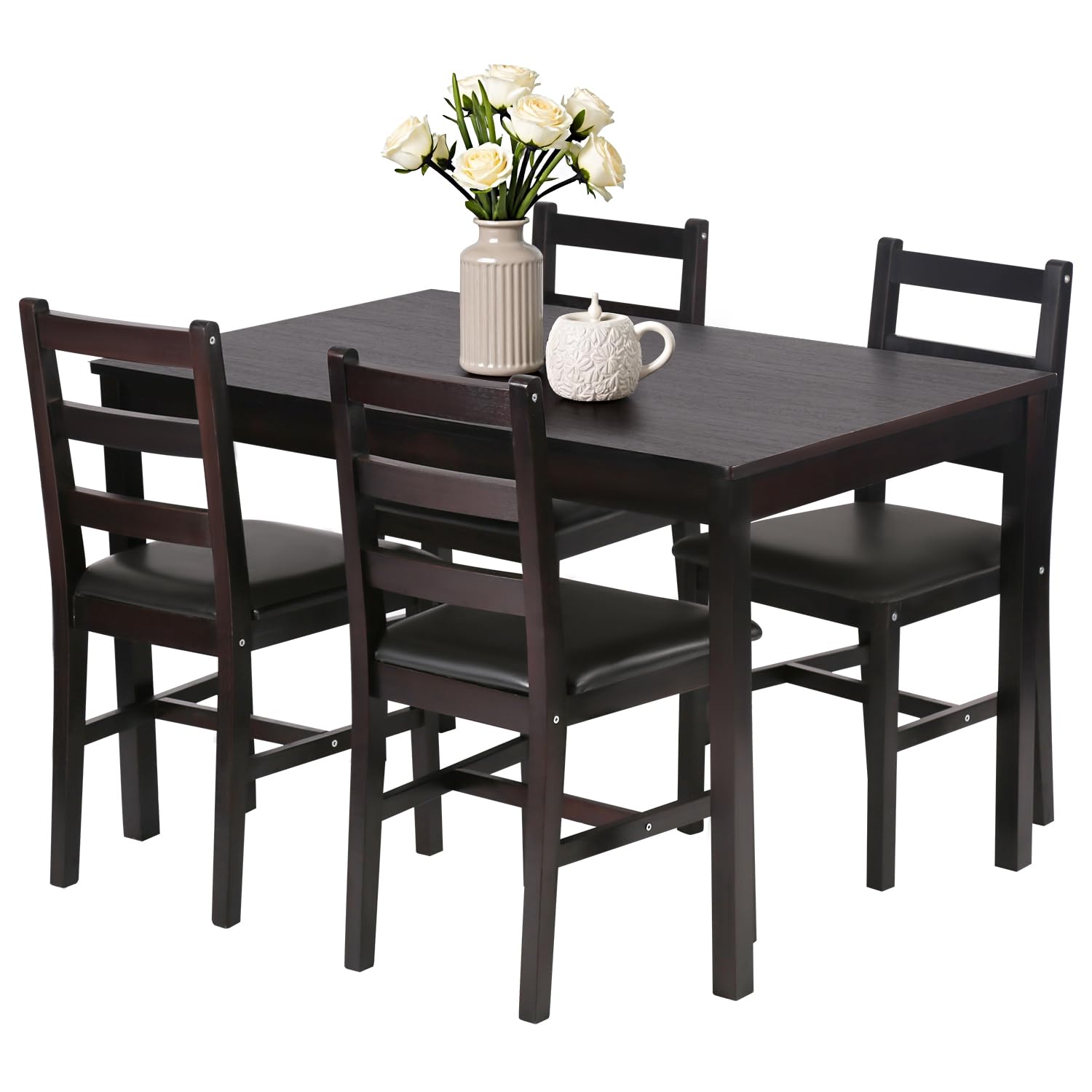 Photo 1 of FDW | 5-Piece Solid Wood Dining Table Set for 4 | Brown | Space-Saving Design | Smooth Easy-to-Clean Surface | Pine Kitchen Table with Upholstered Chairs | for Dining Room, Apartment, Restaurant