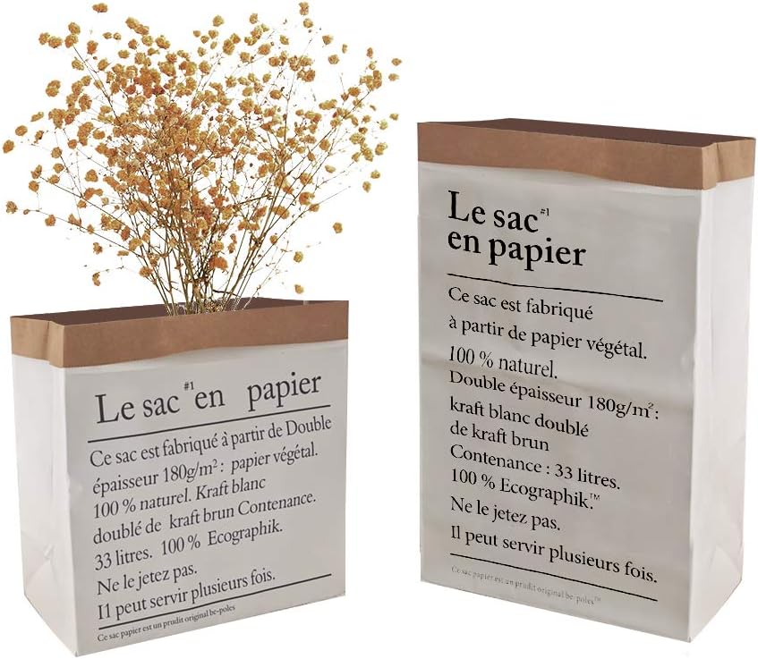 INHEMI 2 Pcs Large Kraft Paper Storage Bag,Paper Laundry Bag Children Room Organizer Bag Fruit Flower Plant Grocery Bag, Brown and White