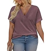 VISLILY Plus-Size-Summer-Tops for Women Casual V Neck T Shirts Trendy Loose Tees Fashion Rolled Short Sleeve Tunics XL-5XL