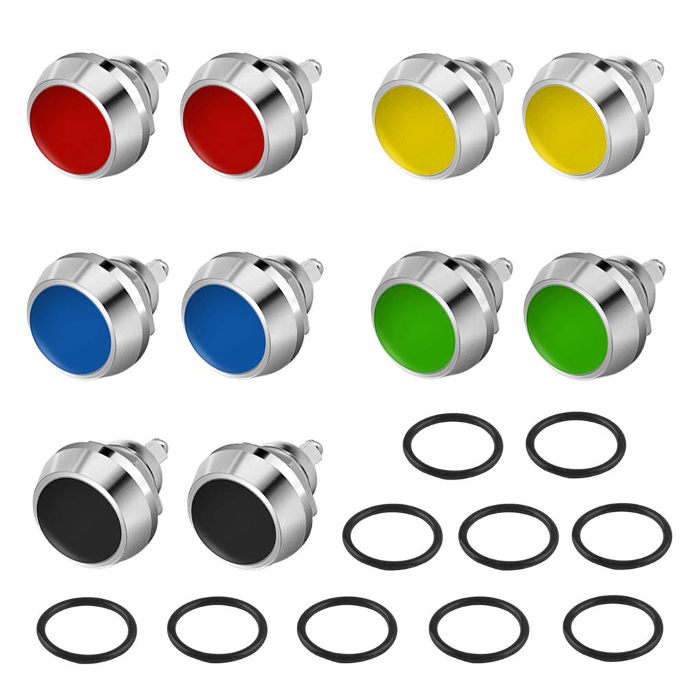 QitinDasen 10Pcs Premium 12mm Metal Push Button Switch, 2 Pin Screw Terminal IP65 Waterproof Momentary Start Switch (5 Colors)