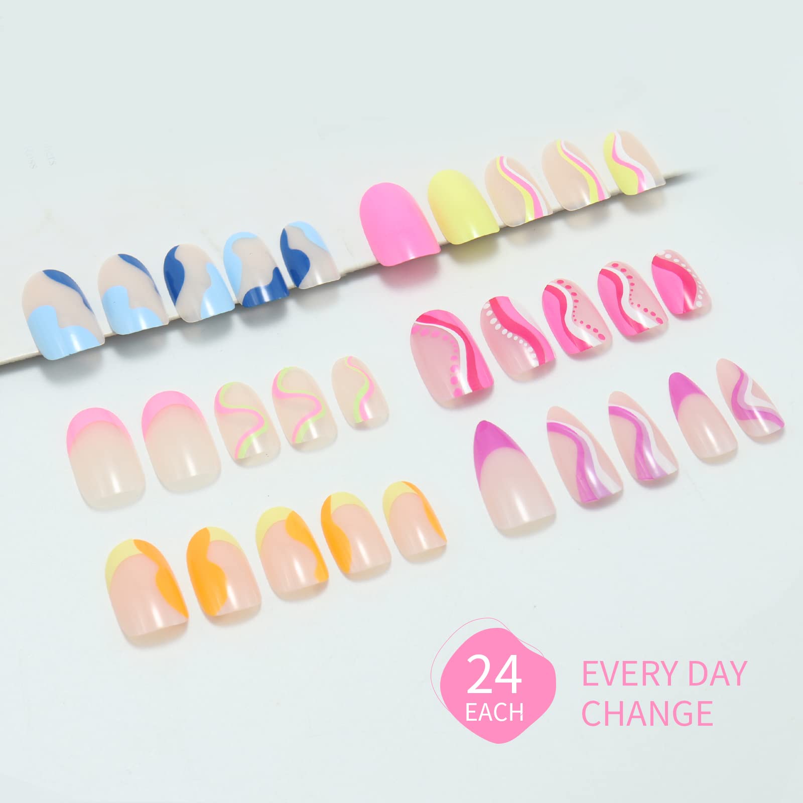 6 Packs (144 Pcs) Press on Nails Medium, Misssix Short Fake Nails Glue on Nails Almond Set with Adhesive Tabs Nail File for Women - Image 3