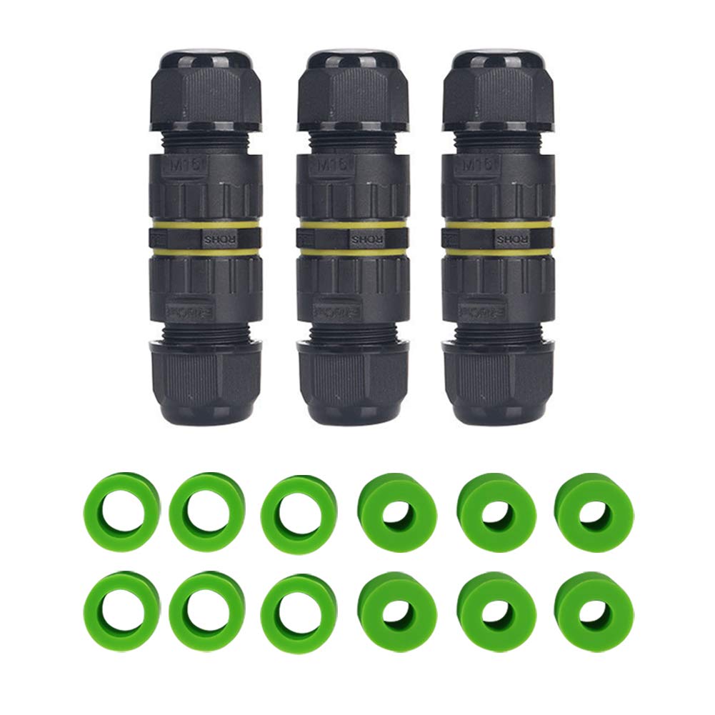 YIXISI 3 PCS Waterproof Junction Box, 3-Pole IP68 Connector, External Sleeve Coupler, Ø 3.5-10 mm (Black, PA66), Outdoor Cable Connector