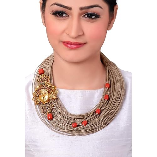 Statement Necklace with Gold Toned Broach & Jute