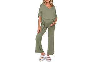 Tankaneo Womens Maternity Pajamas 2 Piece Lounge Set Soft Short Sleeve V Neck T-shirt Cropped Pants Pregnancy Loungewear