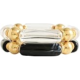 LALAPPLE Gold Plated Beaded Acrylic Bamboo Tube Bangle Bracelets for Women, Colorful Chunky Curved Tube With Gold Plated Pieces Beads Stretch Bracelet Friendship Summer Beach Jewelry