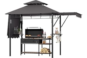 Garvee Double-Tier 13x4 ft Outdoor Grill Gazebo, Patio BBQ Canopy Tent with Dual Side Awnings, Storage Shelves, LED Lights, H