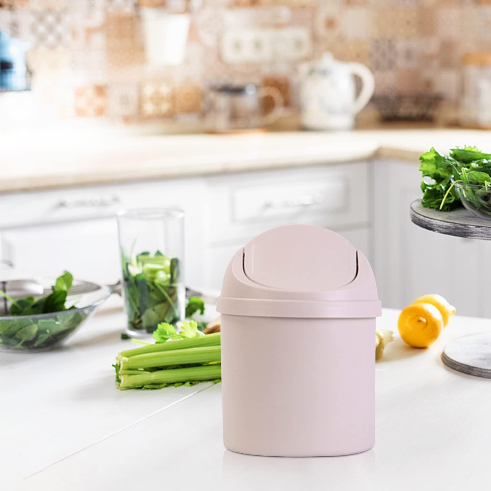 Cyrank Trash Can Desk Bin, Mini Trash Can Rubbish Storage Bin with Lid Plastic Wastebasket Small Wastebasket Mini Portable Table Desktop Dustbin Countertop, White