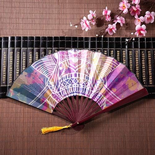EIJODNL Girls Japanese Fan Beautiful Geometric Circle Element With Bamboo Frame Tassel Pendant And Cloth Bag Kids Japanese Fan Hand Fan Wall Decor Printed Folding Fan