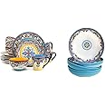 Euro Ceramica Zanzibar Collection 16 Piece Dinnerware Set + 4 Pasta Bowls, Spanish Floral Design