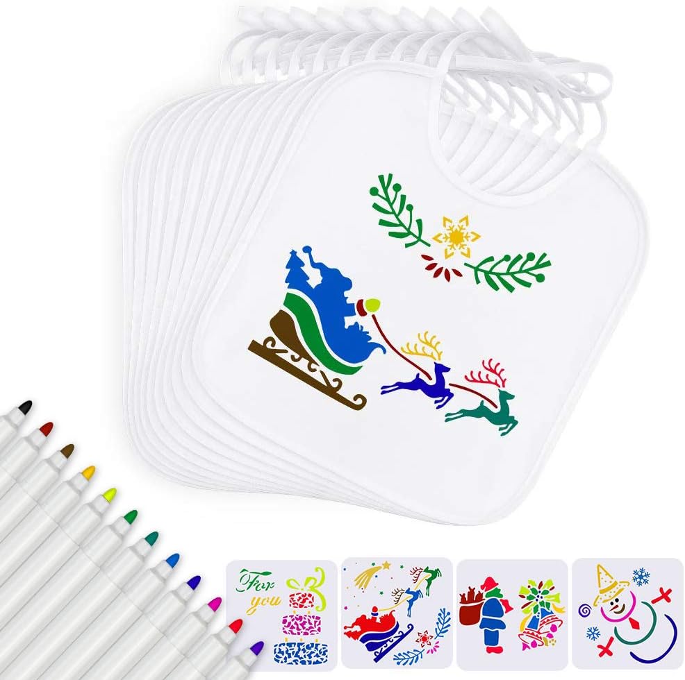 Baby Bibs DIY Set 10 Pack White Cotton Bandana Dribble Drool Bibs Waterproof Unisex for Drawing with 14Pcs Textile Marker Pens and 4Pcs Painting Template Perfect for Baby Shower Party