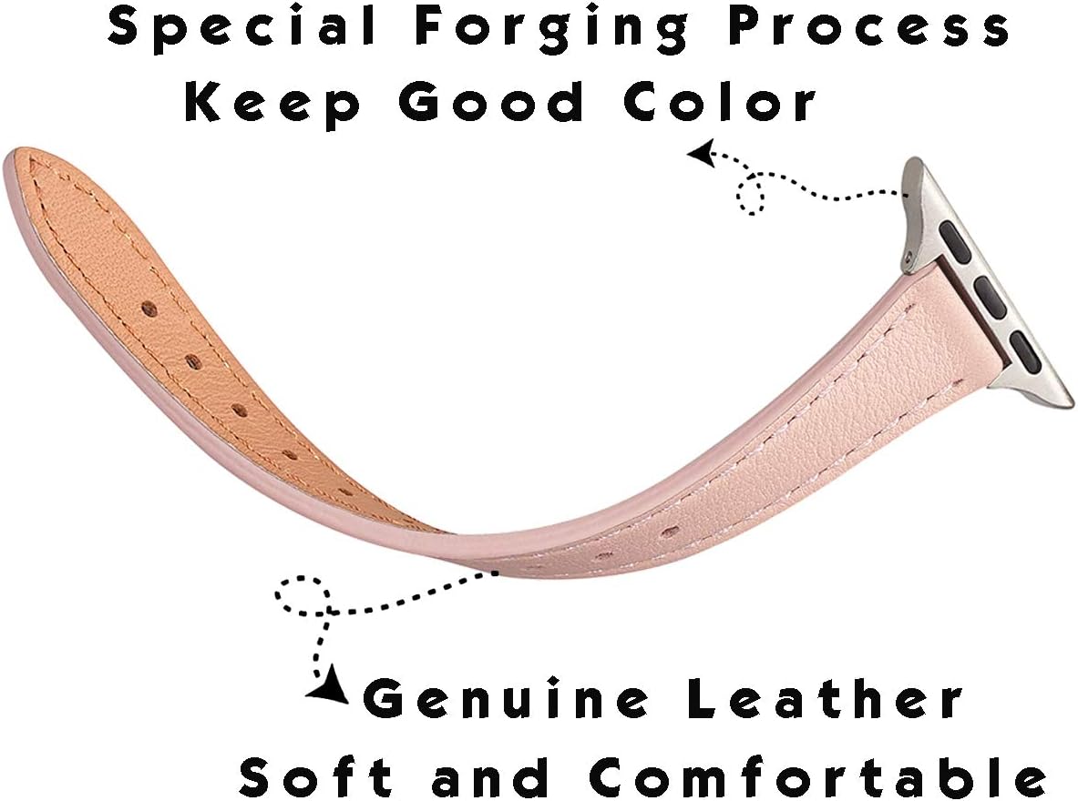 SUNFWR Compatible with Apple Watch Strap 42mm 44mm 45mm,Genuine Leather Strap Replacement,Slim&Thin Wristband for iwatch Series 7/6/5/4/3/2/1,SE(42mm 44mm 45mm,Pink sand&Silver) - Image 4