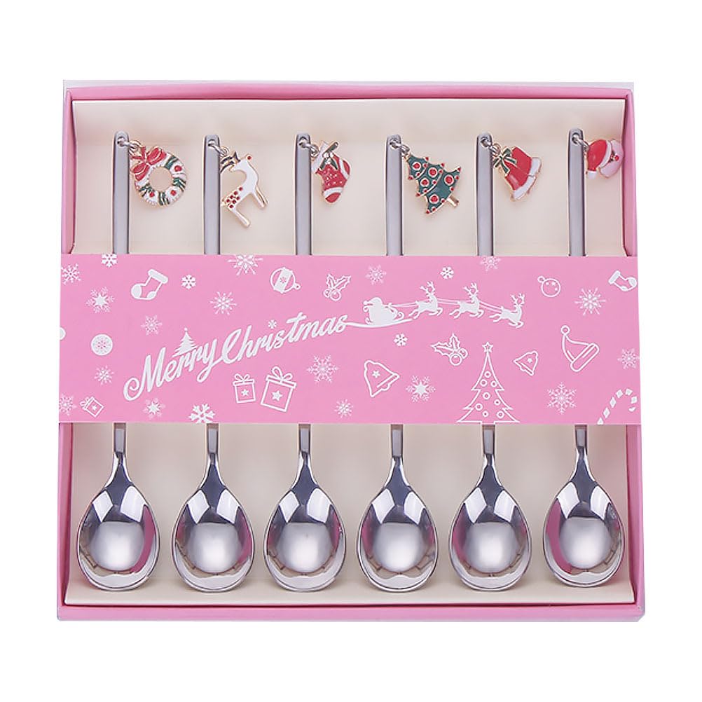 Cabilock Stainless Steel Coffee Spoons Christmas Box Set 6Pcs Mini Silver Stirring Spoons for Espresso Tea Dessert Sugar Mixing Small Ice Cream Spoons