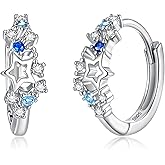 925 Sterling Silver Star Hoop Earrings for Women, Hypoallergenic Sparkly Cubic Zirconia Blue CZ Stars Small Huggie Earring Birthday Jewelry Gifts