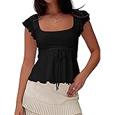 Sunloudy Women Lace Babydoll Tank Tops Square Neck Cap Sleeve Peplum Camisole Slim Fit Ruffle Hem Flowy Going Out Shirt