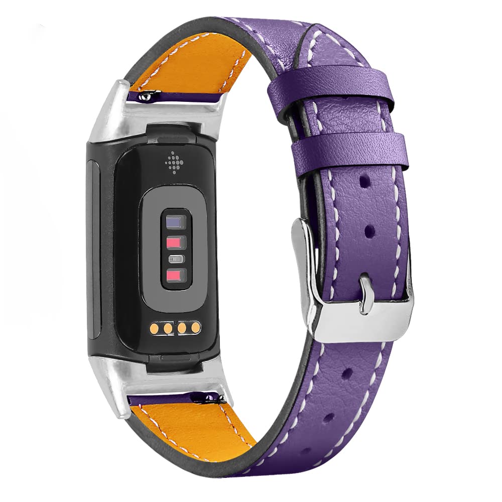 Gimuk Compatible with Fitbit Charge 5 Strap for Women Men, Genuine Leather Adjustable Sports Strap Replacement Wristband for Charge 5 Tracker Small Large (Purple) โ image 1