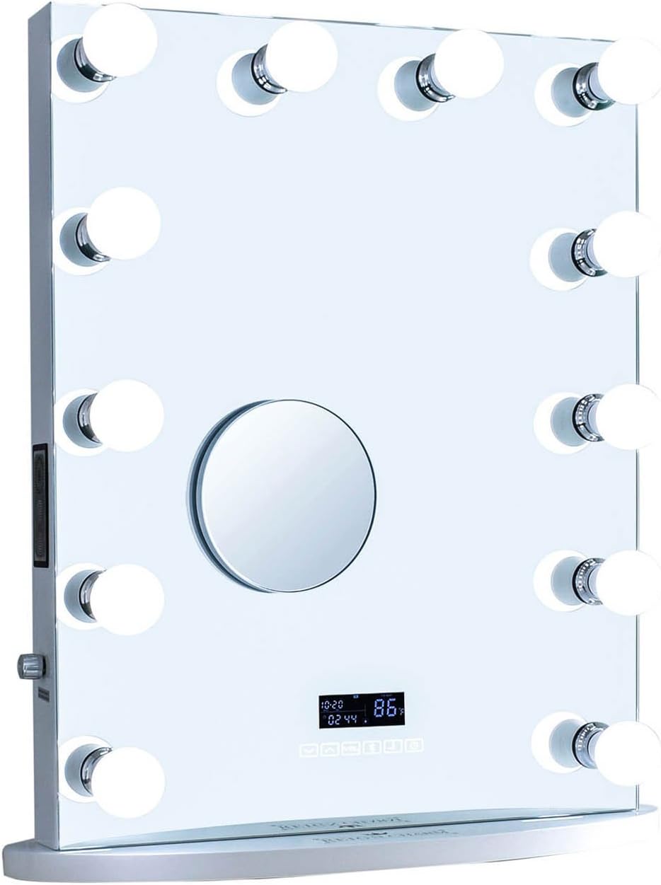 ReignCharm Hollywood Vanity Mirror, Bluetooth Enabled Speakers, 3X Magnifying Mirror, 12-LED Light Bulbs, USB Ports and Outlets, 22'' L x 29'' H, Borderless