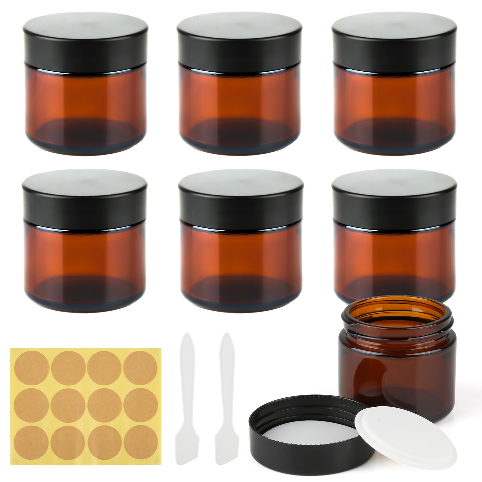 RVLZKCPG 60ml Amber Glass Jars 6 Pack, UV Protection - Empty Cosmetic Container, Refillable Glass Travel Containers Candle Jars for Creams and Lotions