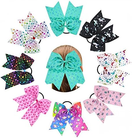 Nishine 8pcs 7" Girls Unicorn Heart Ribbon Cheer Hair Bows Hair Rope Hair Ties Gift
