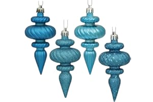 Vickerman 4" 4-Finish Finial Ornament, Shatterproof Plastic Christmas Tree Decoration, 8 Pack, Turquoise Shiny, Matte, Glitter and Sequin Finishes