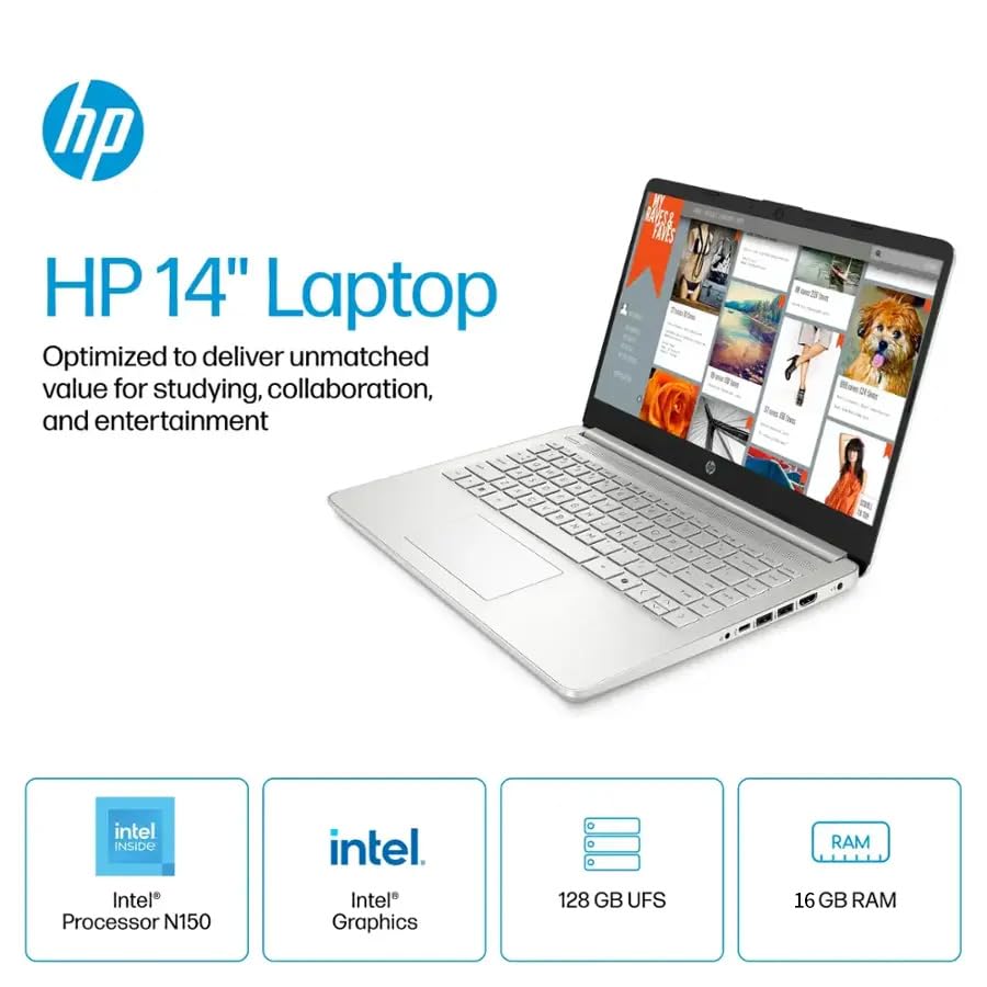 Laptop HP de 14 pulgadas para estudiantes empresariales, procesador Intel N150, 16 GB de RAM, 384 GB de almacenamiento (128 GB eMMC+256 GB MSD), Copilot AI, Windows 11 Pro, Wi-Fi 6, cámara HD, 1 año de Microsoft 365, batería de larga duración