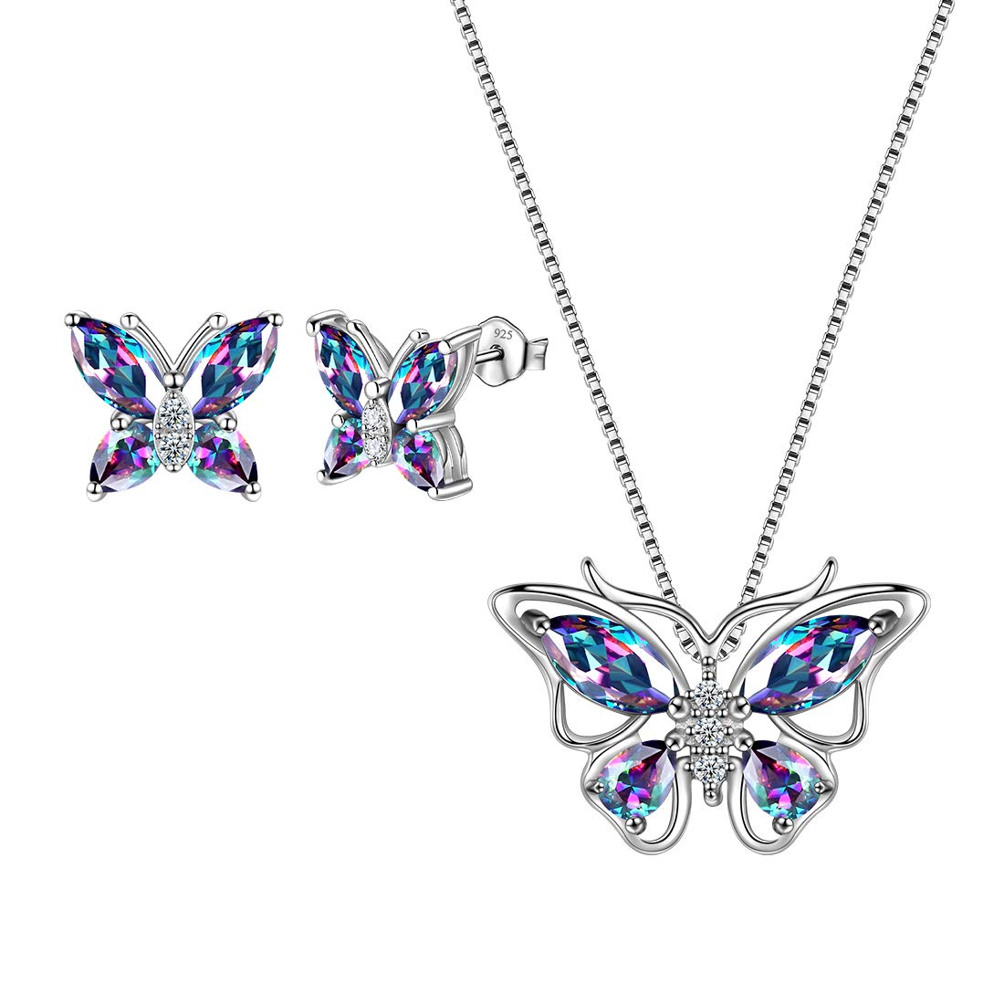 Aurora Tears 925 Sterling Sliver Butterfly Necklace Earrings Mystic Rainbow Topaz Pendant Stud Earrings Jewellery Set for Women DS0035M — image 1