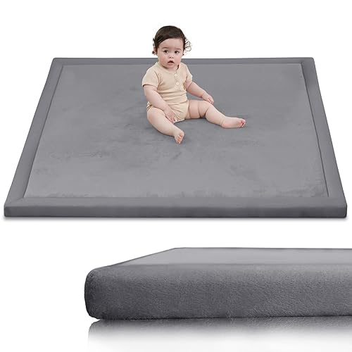 Huloo Sleep Ultra Soft Baby Play Mat for Floor,1.3" Thick Elasti-Foam 50x50 Playpen Mat for Toddlers Infant kids,Water-Repellent Coral Velvet for Tummy Time,Non-Slip Backing Safe for Crawling,Tatami Style (Dark Grey)