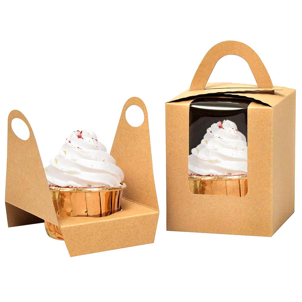 Kraft Cupcake Boxes,50pcs Single Cupcake Carrier with Window Insert and Handle Kraft Pastry Containers Muffins Cupcake Carriers for Bakery Wrapping Party Favor Packing