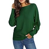 Ckikiou Spring Fall Boat Neck Batwing Soft Knitted Sweater for Women Casual Loose Dolman Sleeve Ribbed Pullover Top