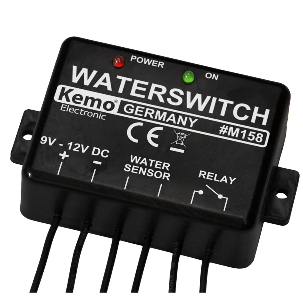 Kemo M158 Water Detector 9-12V/DC Integrated relay. Control sirens, other cut-off relays, etc. With LED displays: Power consumption: < 10 mA.