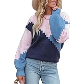 ANCAPELION Women’s V Neck Sweater Pullover Leopard Long Sleeve Basic Color Block Jumper Casual Knitted Tops