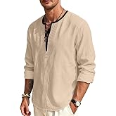 QOSOQ Mens Linen Shirts Henley T-Shirts Long Sleeve Tops Casual Beach T-Shirts Yoga Shirts for Men