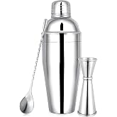 BARsics 24oz Stainless Steel Bar Cocktail Shaker, 1oz/2oz Jigger and 8" Mixing Spoon