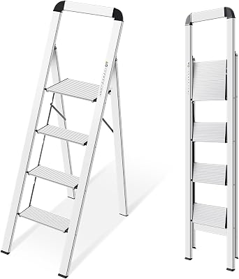 Escalera de Tijera 4 peldaños Plegable de Aluminio, Escalera Doméstica Estrecha con Pasamanos, Mecanismo Antiplegado, Uso Hogar Cocina Despensa Oficina, Ahorro de Espacio y Portátil, Plata