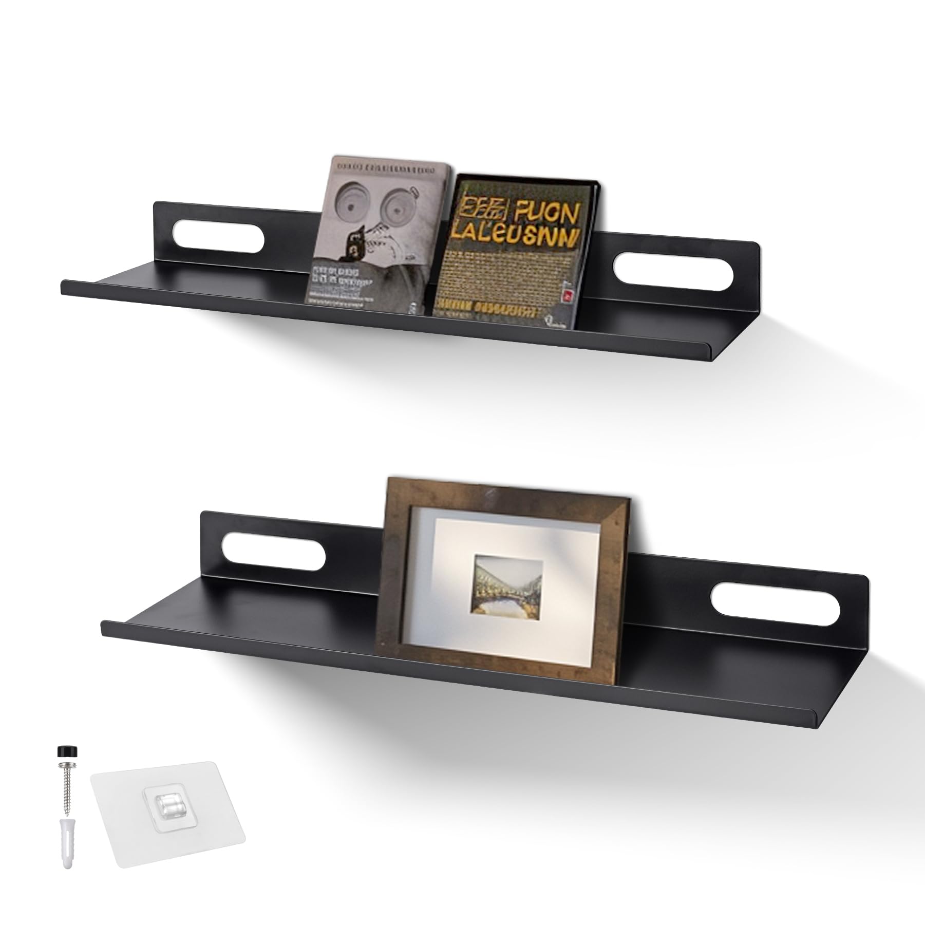 Photo 1 of Adhesive Small Shelf for Wall - No Drill Black Metal Shelves with Lip Set of 2 Slim Narrow Long Size - Wall Mount Storage Floating Display Rack for Kitchen Bathroom Dorm Apartment Office