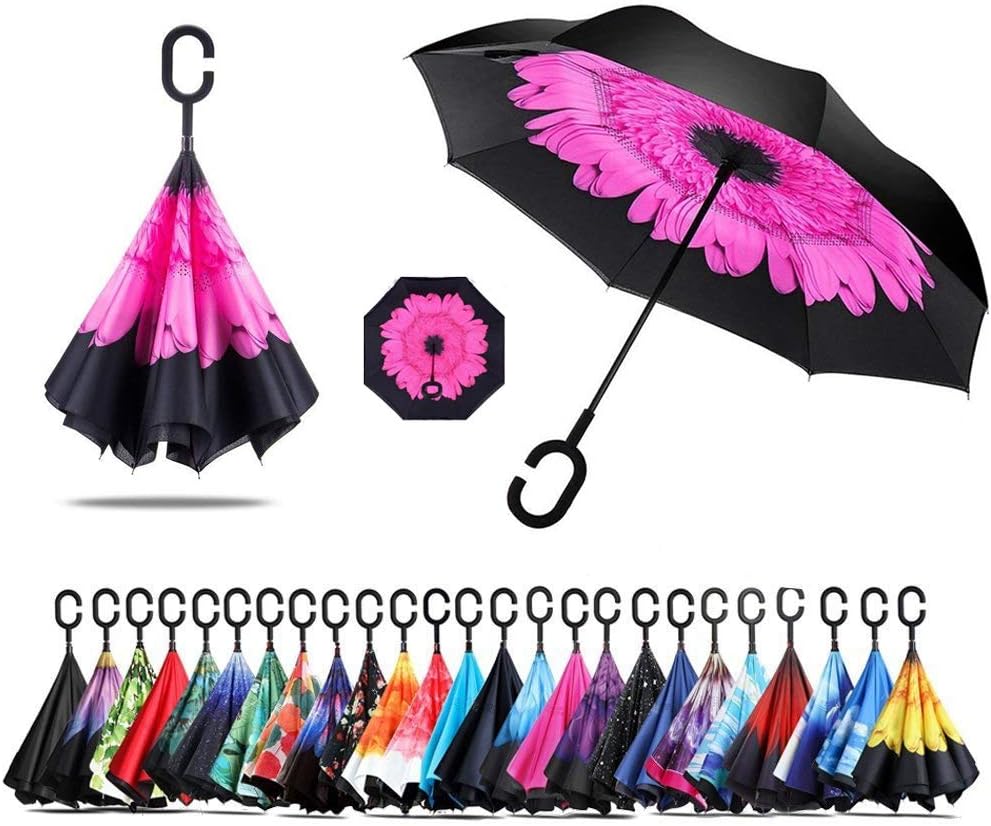 Inverted Umbrella Double Layer C Shape Handle Reverse Folding Umbrella Anti-UV Windproof Travel Umbrella with Carrying Bag