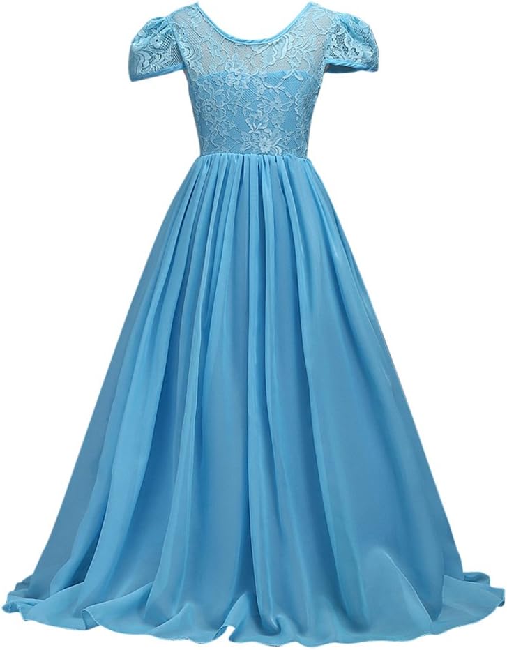 MISSMAO Flower Girl Long Dress Round Neck Short Sleeve Floor Length Dress Wedding Bridesmaid Dress
