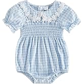 MERSARIPHY Newborn Baby Girl Summer Clothes Peter Pan Collar Plaid Flower Smocked Bubble Short Sleeve Romper One Piece Outfit